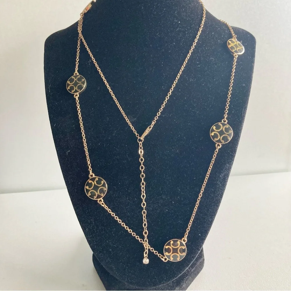 Gold-Tone Black Enamel Circle Link Necklace preloved
